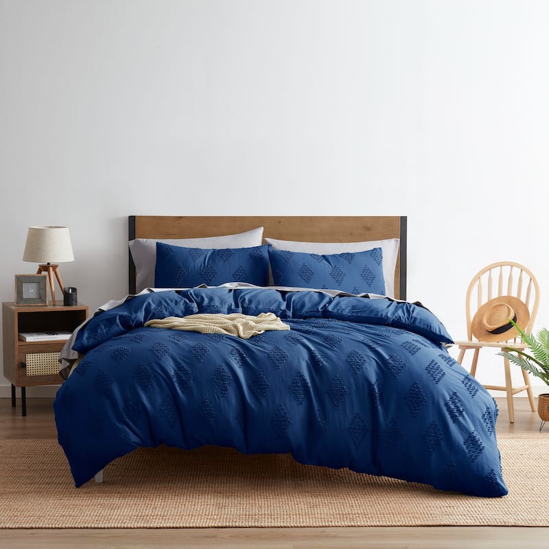 Nestl Boho Tufted Embroidery Double Brushed Duvet Cover with Button Closure - Navy - Paragon Design - Queen