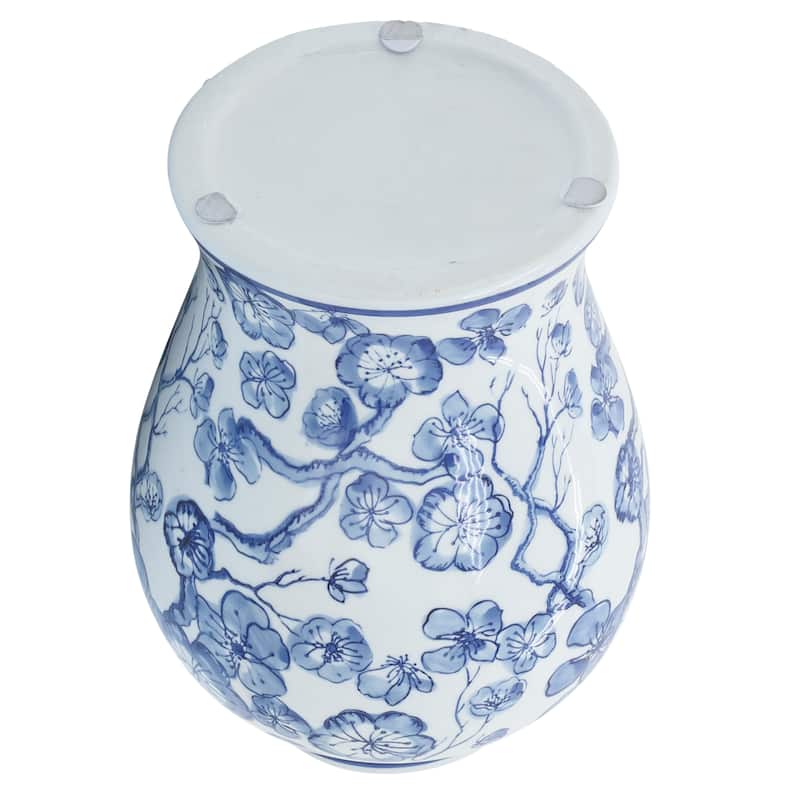 Sagebrook Home 14" Ceramic Temple Jar with Lid Contemporary Vintage Style Blue and White Chinoiserie Floral Design