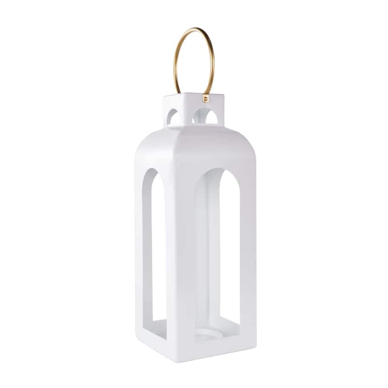 White Metal Tall Arched Cutout Candle Lantern with Gold Handle