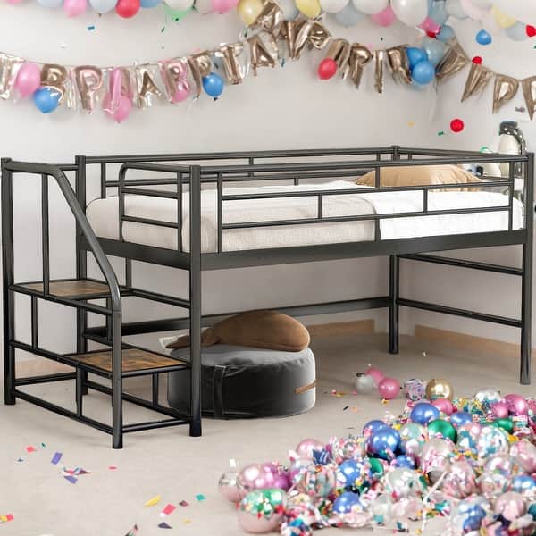 slide 2 of 9, Twin Mid Loft Bed with Storage stairs, Superior Quality, Black Black