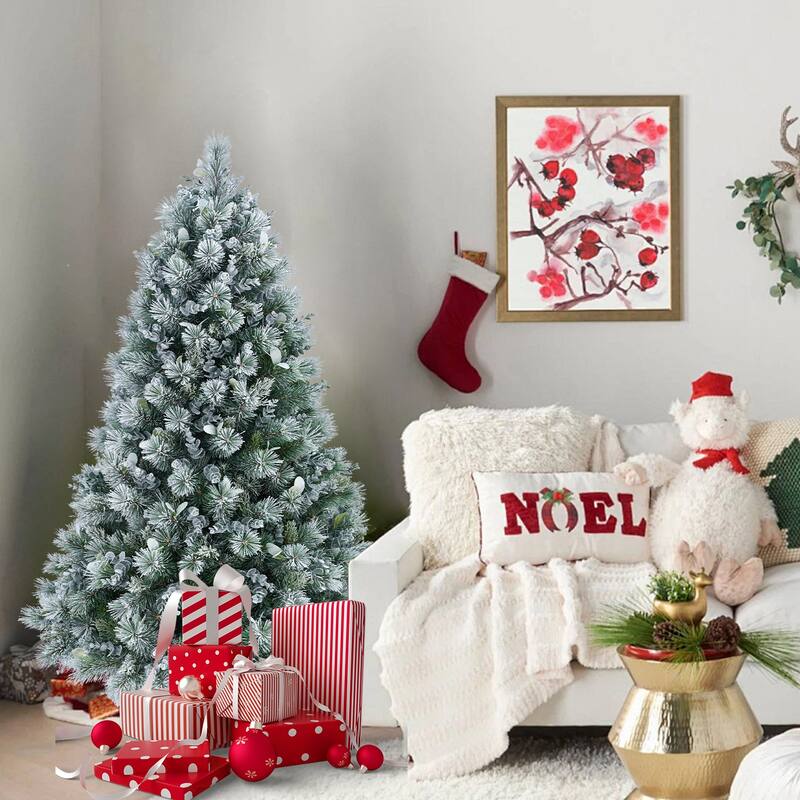 Flocked Artificial Christmas Tree - Pine Needles, Eucalyptus Leaves, Hinged Branches, Metal Stand - White+Green