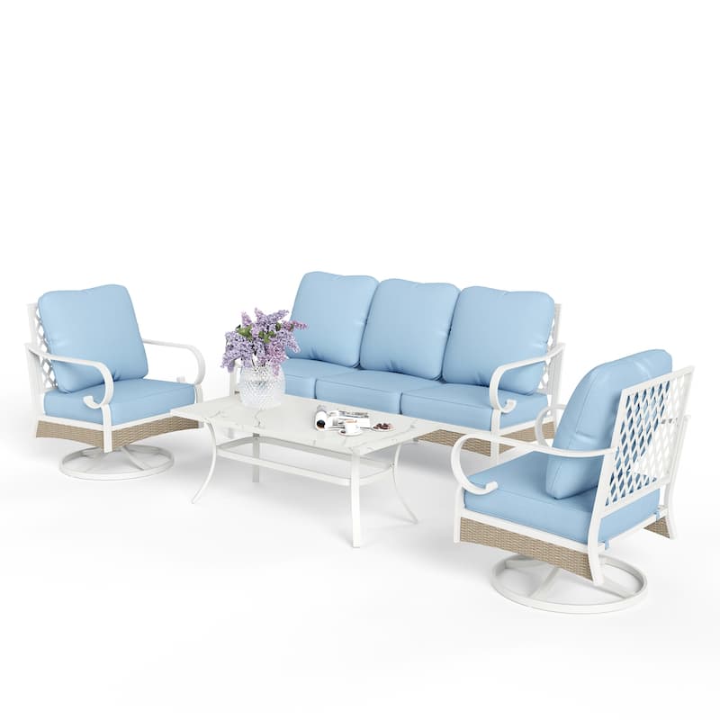 MAISON ARTS 5-Seat Patio Furniture Set, 2 x Cushioned Metal Chair, 1 x 3-Seat Sofa with Marbling Coffee Table - Set 3 - Baby Blue