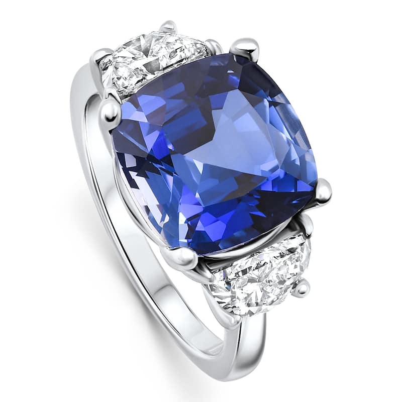 8.50Ct TW Cushion Blue Sapphire & Diamond 3-Stone Ring White Gold Lab Grown