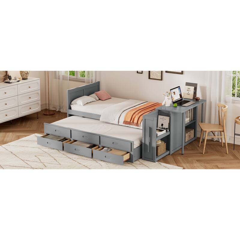 Twin Wood Platform Bed with Pull-Out Trundle, Built-in Desk, End Storage Shelf & 3 Drawers, for Kids or Teens