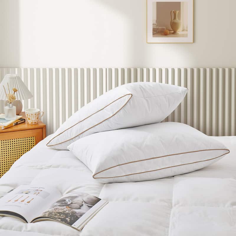 2 Pack Medium Goose Feather Down Bed Pillows with Soft Cotton Cover - White - Medium - Standard