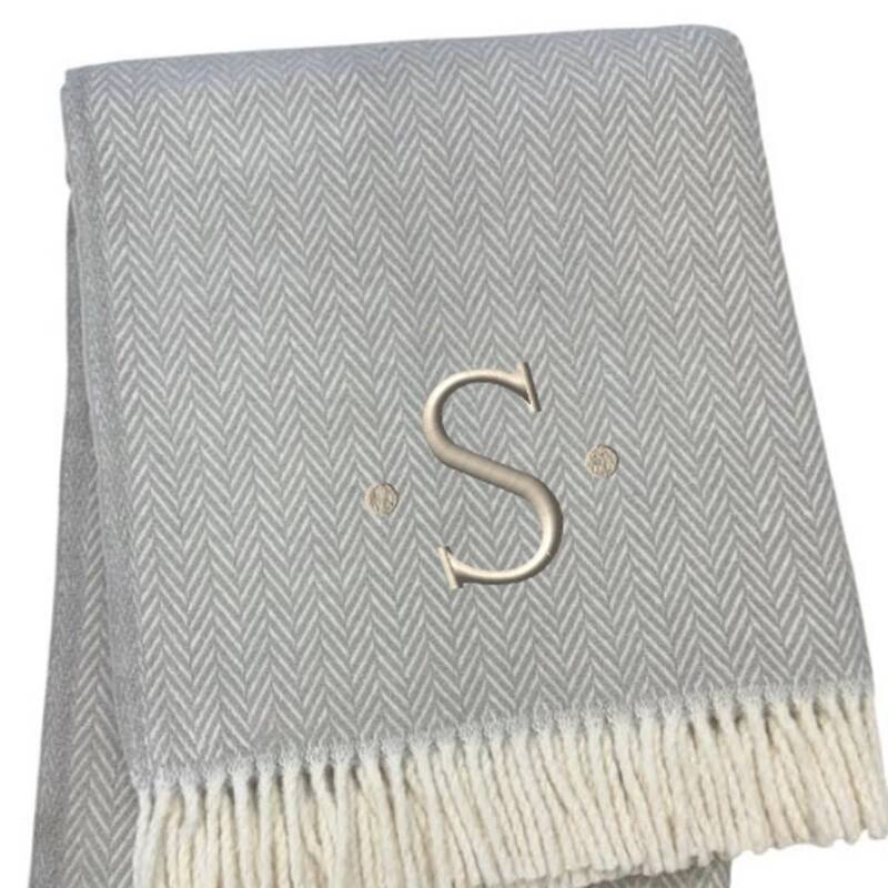 55" X 70" Gray And White Herringbone Cotton Blend A Initial Throw Blanket with Tassels And Embroidery