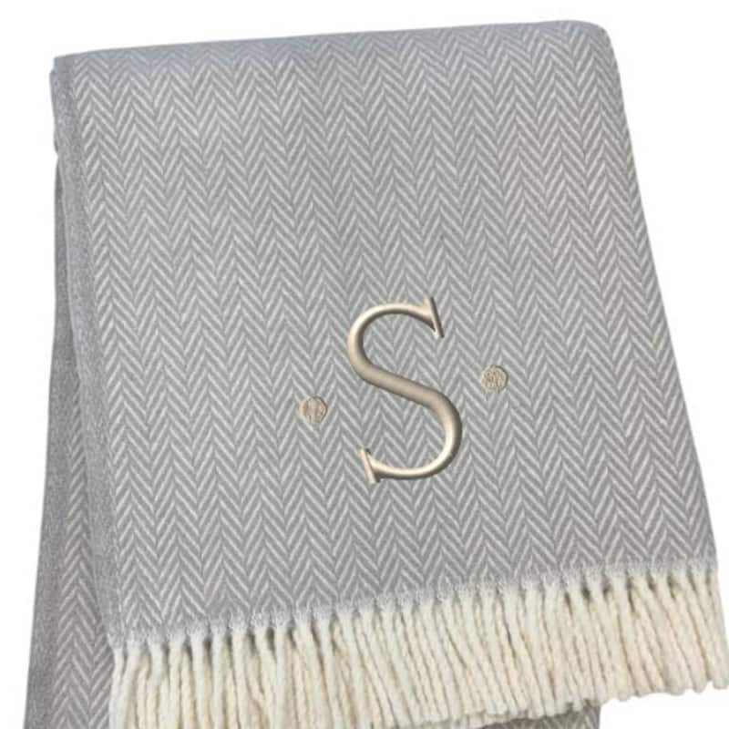 HomeRoots 55" X 70" Gray And White Herringbone Cotton Blend S Initial Throw Blanket with Tassels And Embroidery