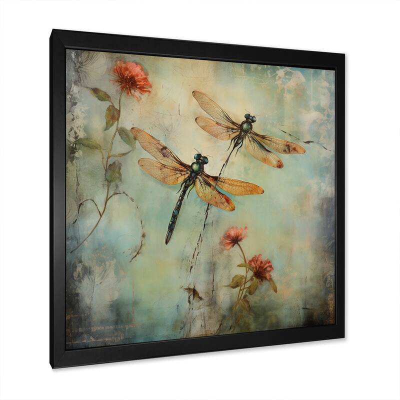 Designart "Vintage Painting Of Dragonfly Flying" Animals Dragonfly Framed Canvas Prints