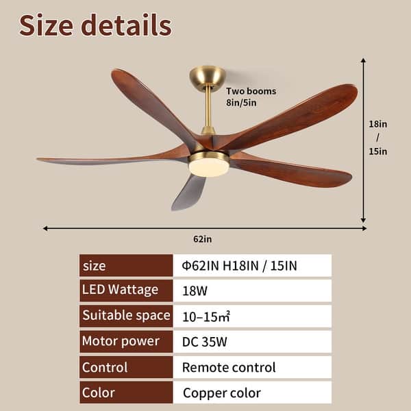 dimension image slide 0 of 29, Sofucor 42"/48"/ 52"/60"Noiseless Walnut Wood Ceiling Fan with Remote Control, Integrated Light Optional