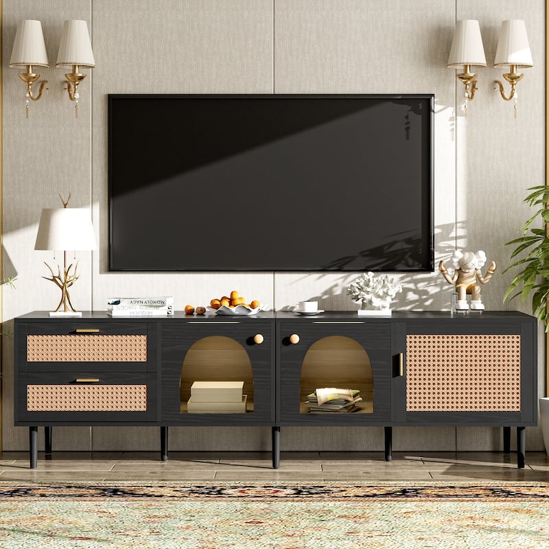71" TV Stand for TVs Up to 80'', Entertainment Center TV Console Table with Storage, Home Media Console with Rattan Decor - Dark Brown