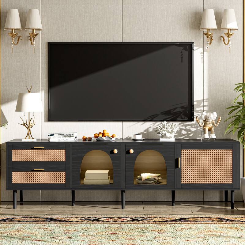 Modern Rattan TV Stand, Media Console, for TVs up to 80" with 3 Cabinets 2 Drawers and LED Lights, for Living Room, Bedroom - Black