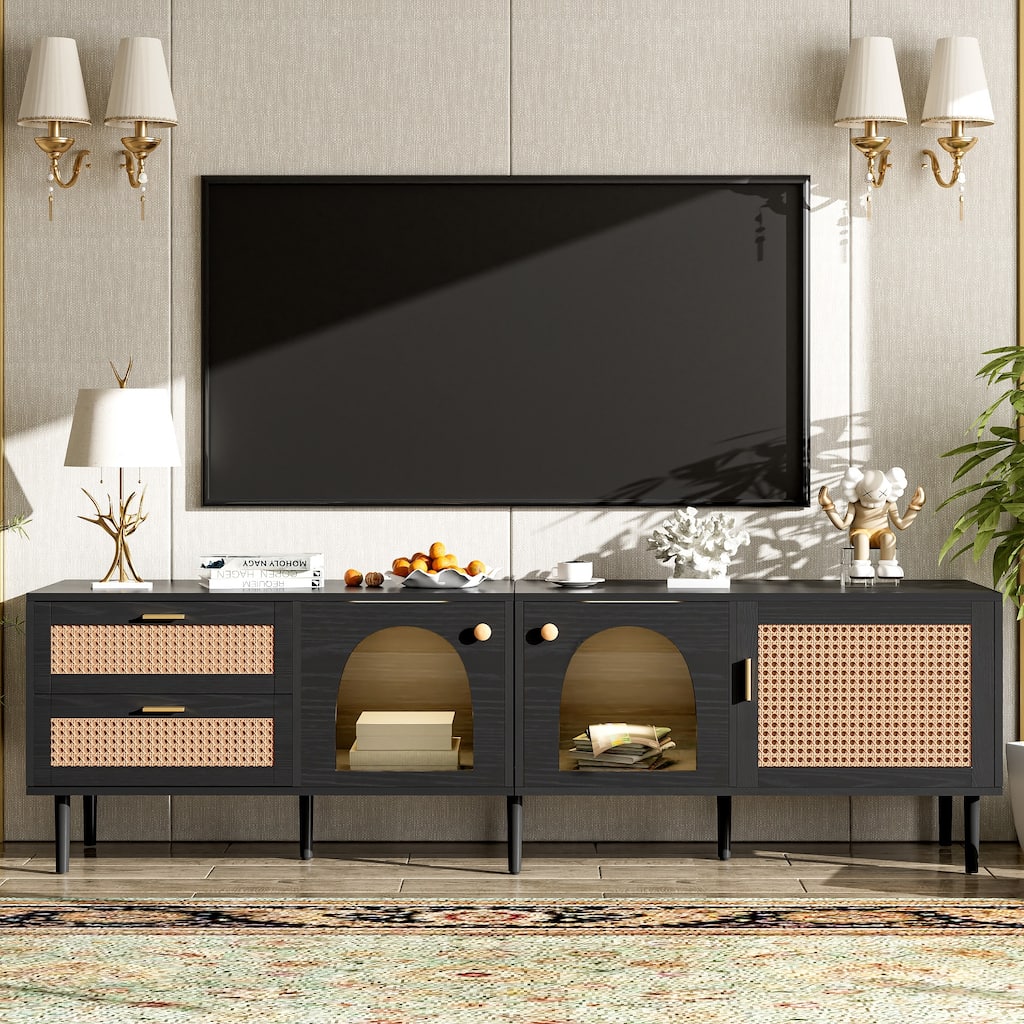 Modern Rattan TV Stand, Media Console, for TVs up to 80" with 3 Cabinets 2 Drawers and LED Lights, for Living Room, Bedroom