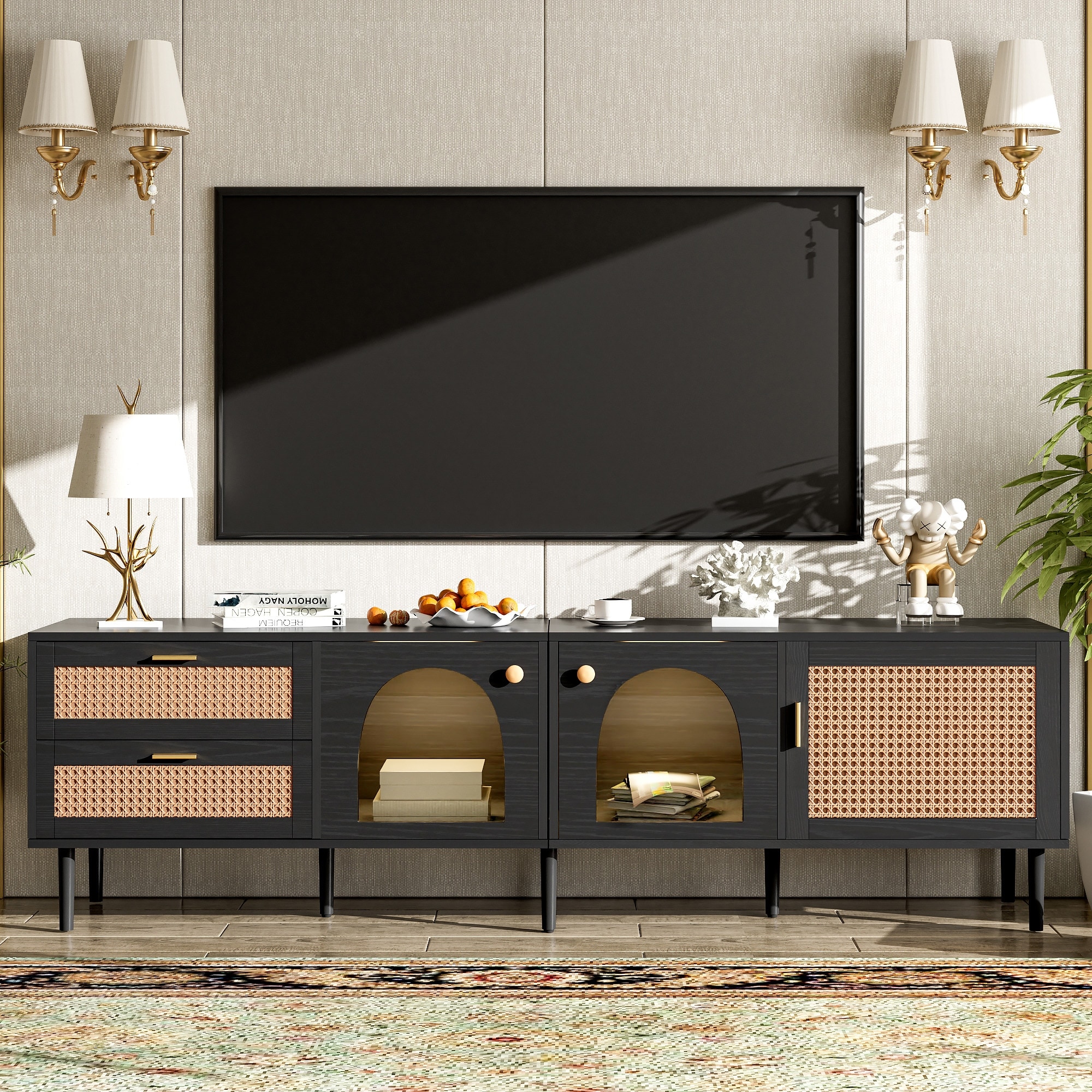 Modern Rattan TV Stand, Media Console, for TVs up to 80" with 3 Cabinets 2 Drawers and LED Lights, for Living Room, Bedroom