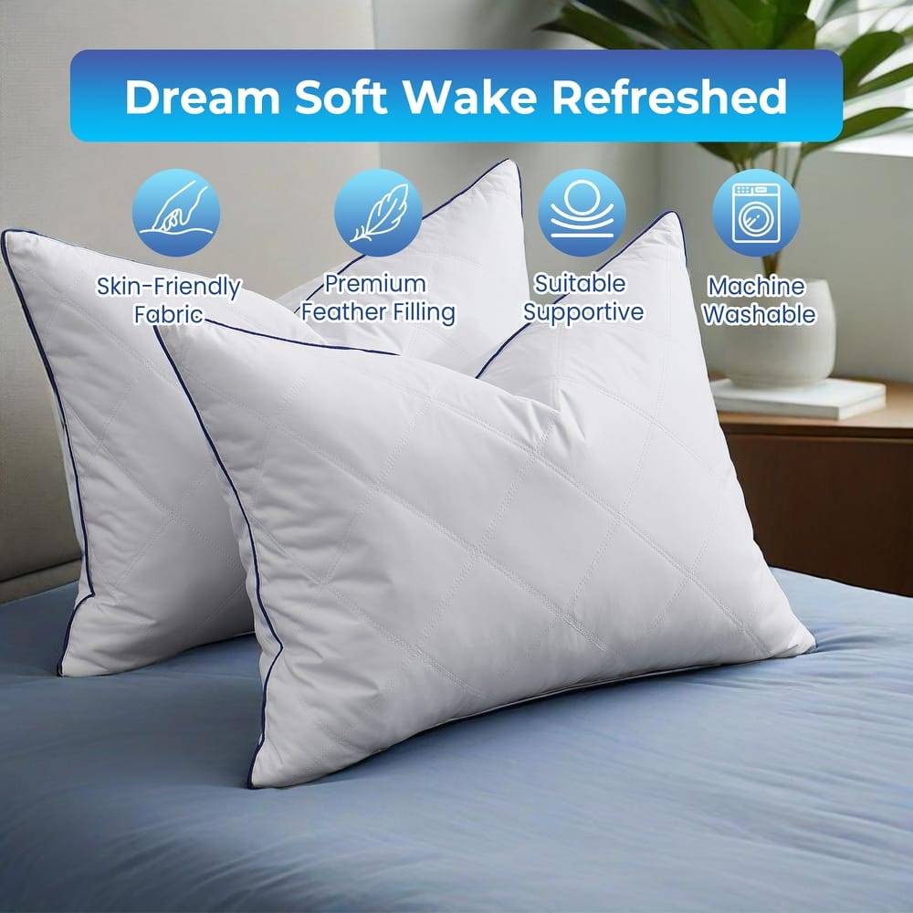 Set of 2 Goose Feather Medium-Firm Bed Pillows for Side & Back Sleepers with Quilted Cover - White