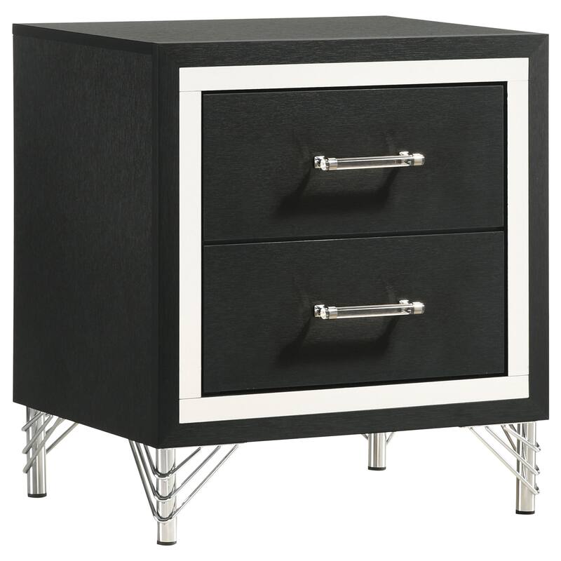 Sleek Black 2-Drawer Nightstand with Chrome Trim and Hairpin Legs