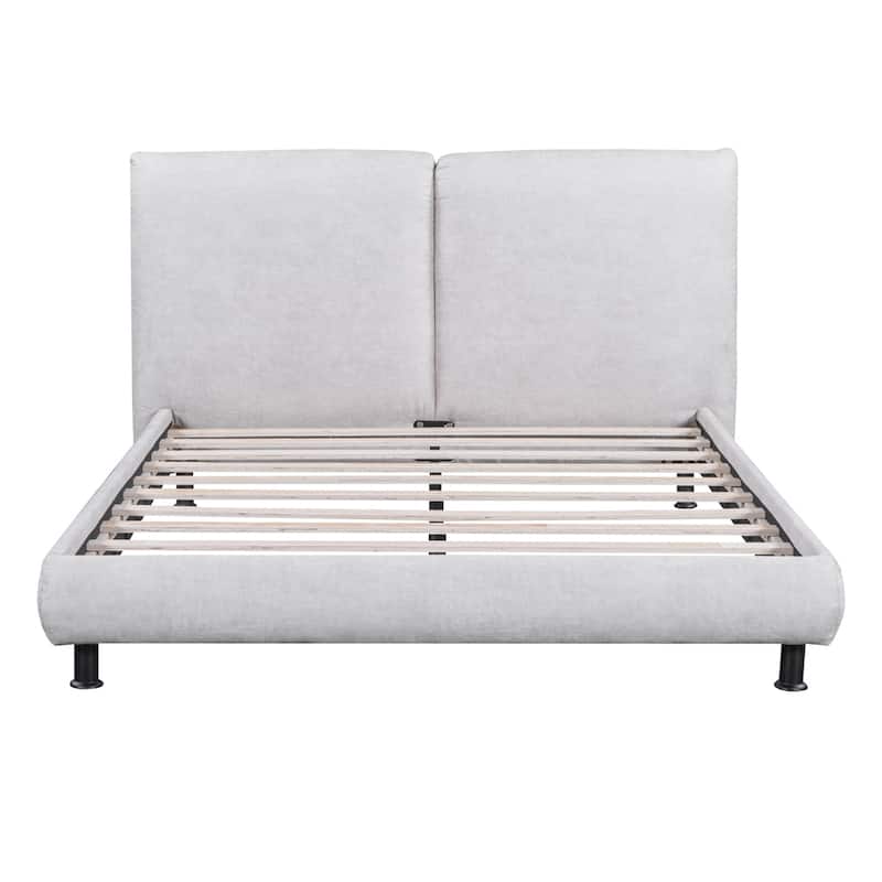 Queen Size Upholstered Platform Bed w/ 2 Large Headrests,Thick Fabric - Beige