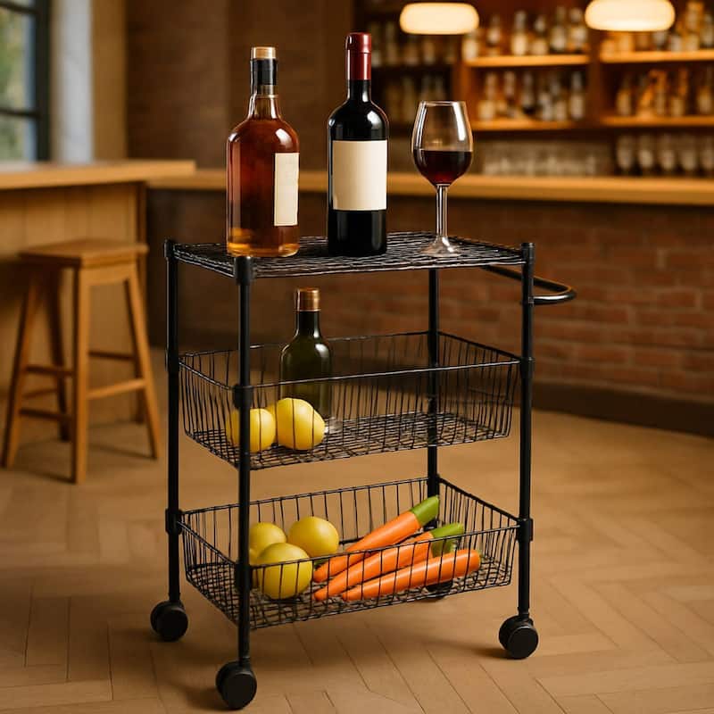 3 Tier Rolling Kitchen Cart with Baskets with Handles for Kitchen Bathroom - N/A - Black