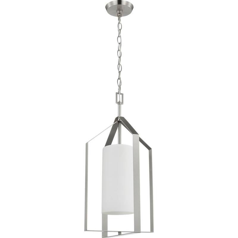 Vertex Collection One-Light Brushed Nickel Etched White Contemporary Foyer Light - 12 in x 12 in x 22.5 in