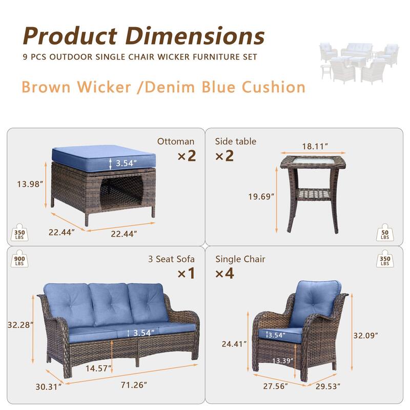 Brown Wicker Outdoor Patio Furniture Sofa Set with Denim Blue Cushions