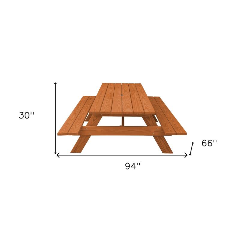 HomeRoots 94" Cedar Chest Solid Wood Outdoor Picnic Table with Umbrella Hole