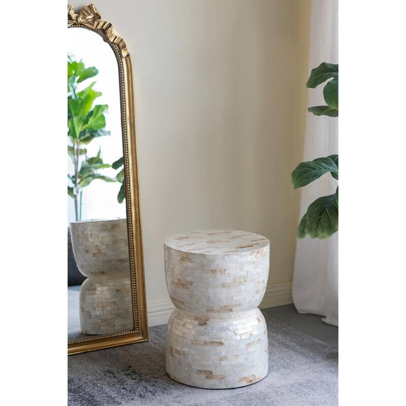 ​Decorative Hourglass Stool - Gold/White Capiz Finish, End Table, Side Table - 14x14x18"