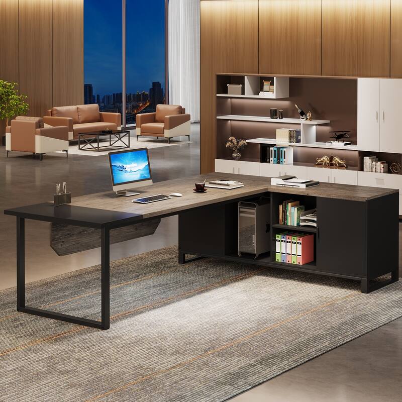 70.8-Inch Executive Desk with 55-Inch File Cabinet, Large L Shaped Computer Desk with Storage Cabinet and Shelves