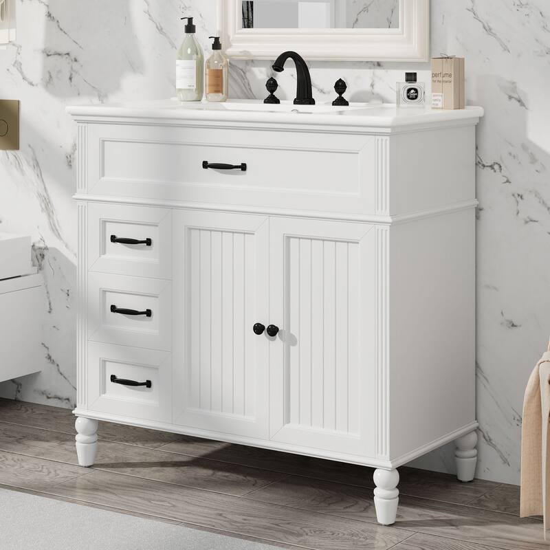 36" Bathroom Vanity with Sink, Bathroom Cabinet with Drawers, Solid Frame and MDF Board - White