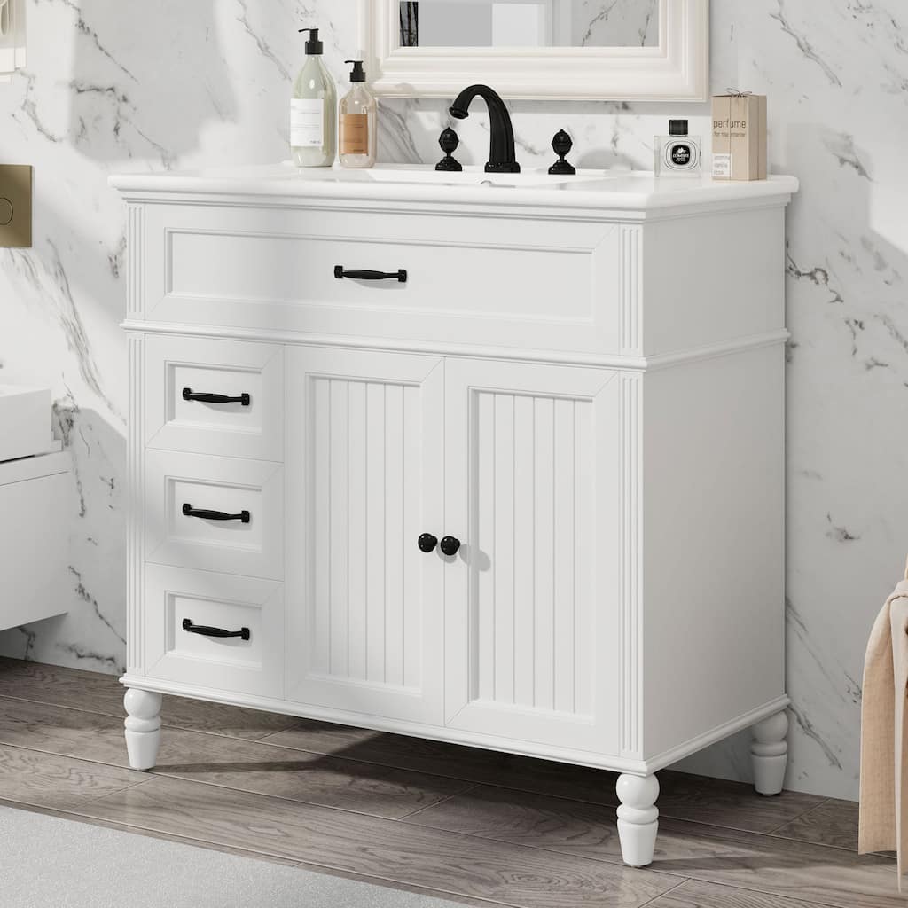 White 36-Inch Bathroom Vanity with Gold Handles, Ample Storage, and Painted Finish