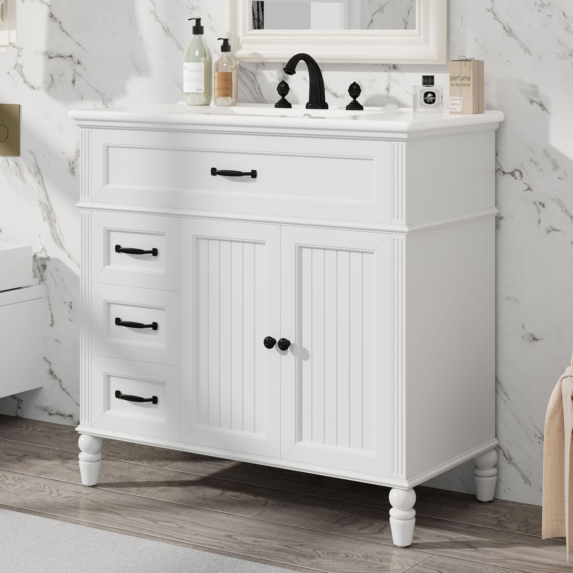 White Bathroom Vanity Cabinet and Ceramic Sink Set, 36" Bathroom Vanity Storage Cabinet with 2 Drawers in Different Size