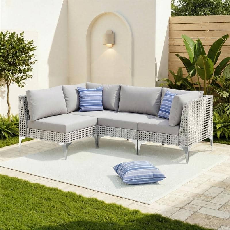 FINCATI Outdoor Wicker Modular Sectional Conversation Set with Cushions, Modern Patio Furniture Set - 4 PCS-Light Grey-B