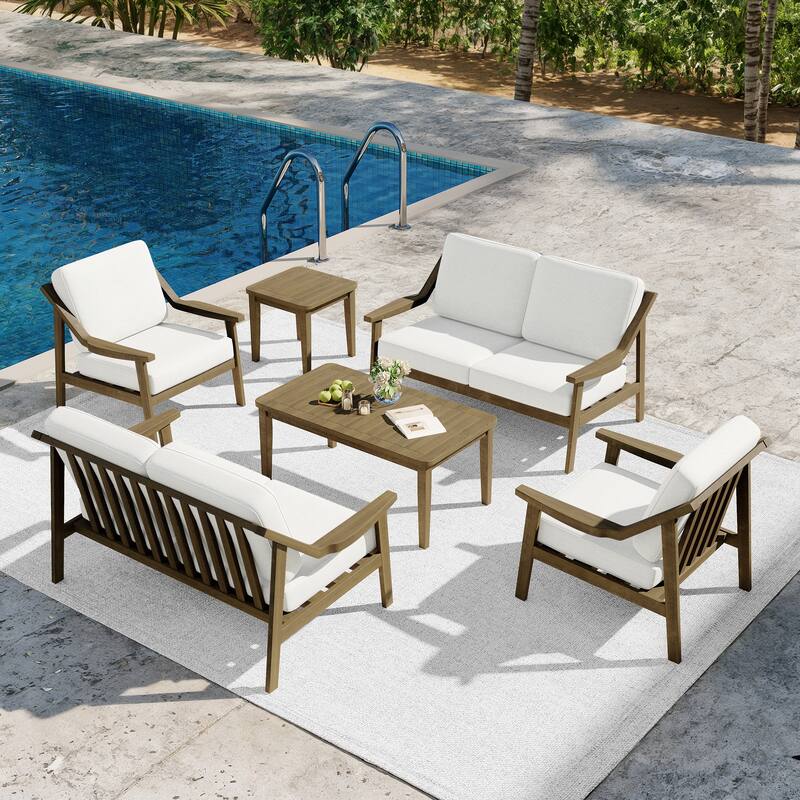 6-piece Adirondack Teak Patio Armchairs Loveseat Seating Conversation Set - NaturalFrame-Beige