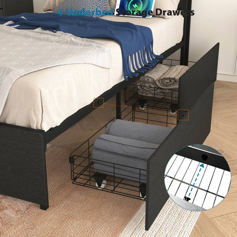 Twin Bed Frame with Storage Headboard and Charging Station