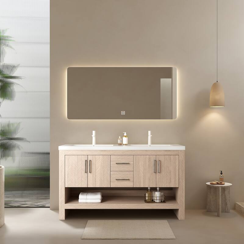 GDFStudio - Lucci Modern 60" Freestanding Bathroom Vanity with 2 Acrylic Integrated Basins, Drawers & Doors, WITHOUT Faucet