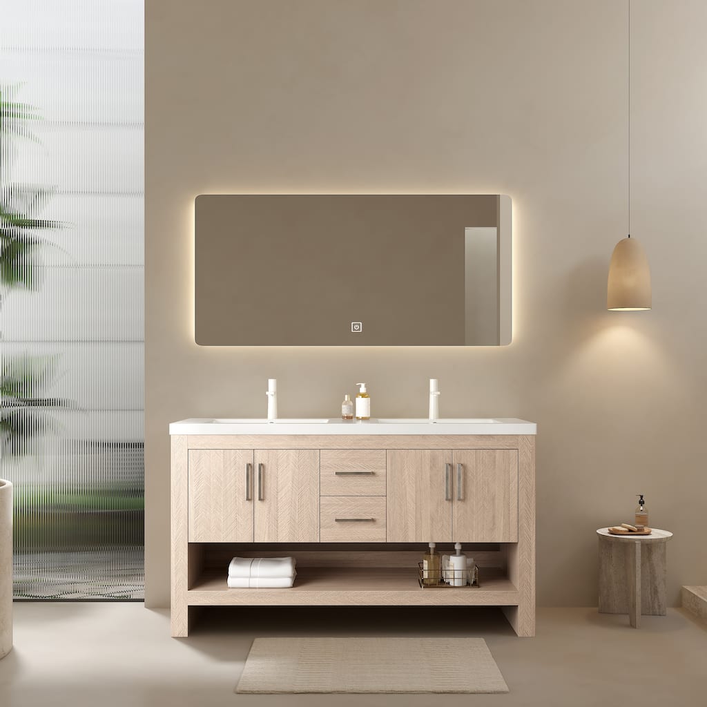 GDFStudio - Lucci Modern 60" Freestanding Bathroom Vanity with 2 Acrylic Integrated Basins, Drawers & Doors, WITHOUT Faucet
