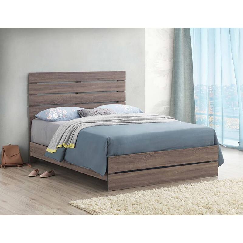 Queen Panel Bed with Slatted Headboard in Barrel Oak Finish - Brown