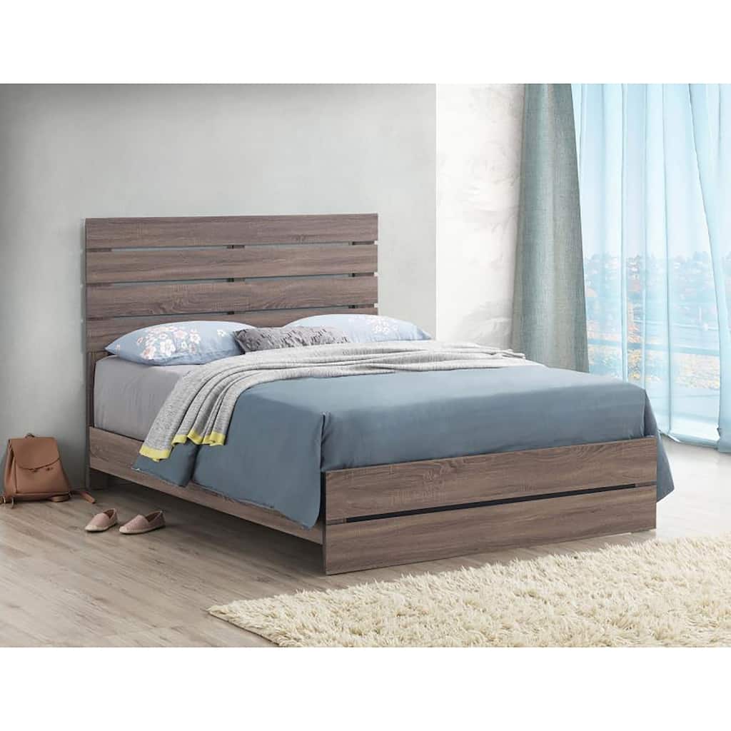 Queen Panel Bed with Slatted Headboard in Barrel Oak Finish