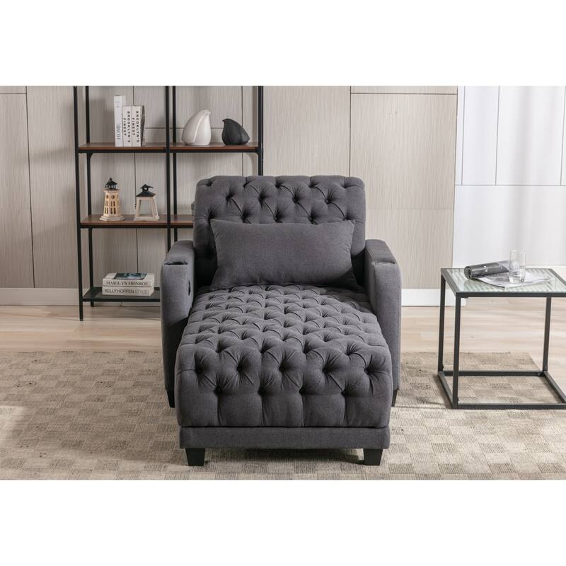 Linen Upholstered Multifunctional Tufted Wireless Charging Leisure Sleeper Armchair with 2 Cup Holders - Dark Grey