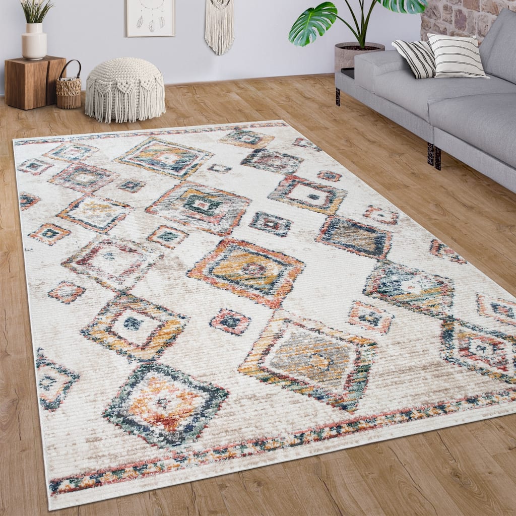Modern Area Rug Ethno Style with colorful Diamond patterns in Cream