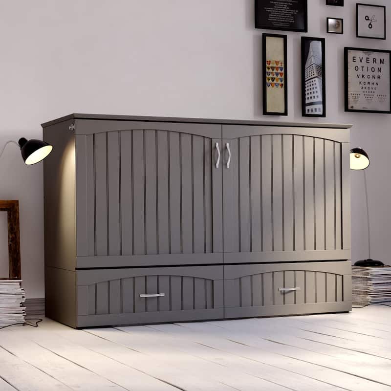 Southampton Queen Murphy Bed Chest with 6" Mattress, Storage Drawer & Built-In Charger in Grey
