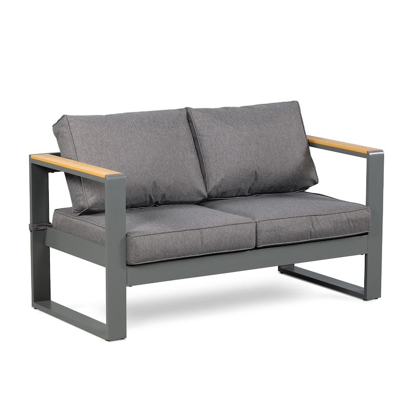 Aoodor Outdoor Aluminum Frame Loveseat with Grey Cushions, 53"W x 26"D x 26"H
