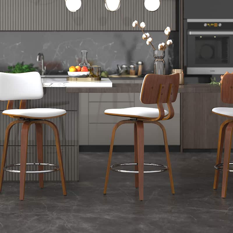 Mid-Century Faux Leather and Wood 26" Counter Stool with Swivel, Set of 4 - White and Walnut