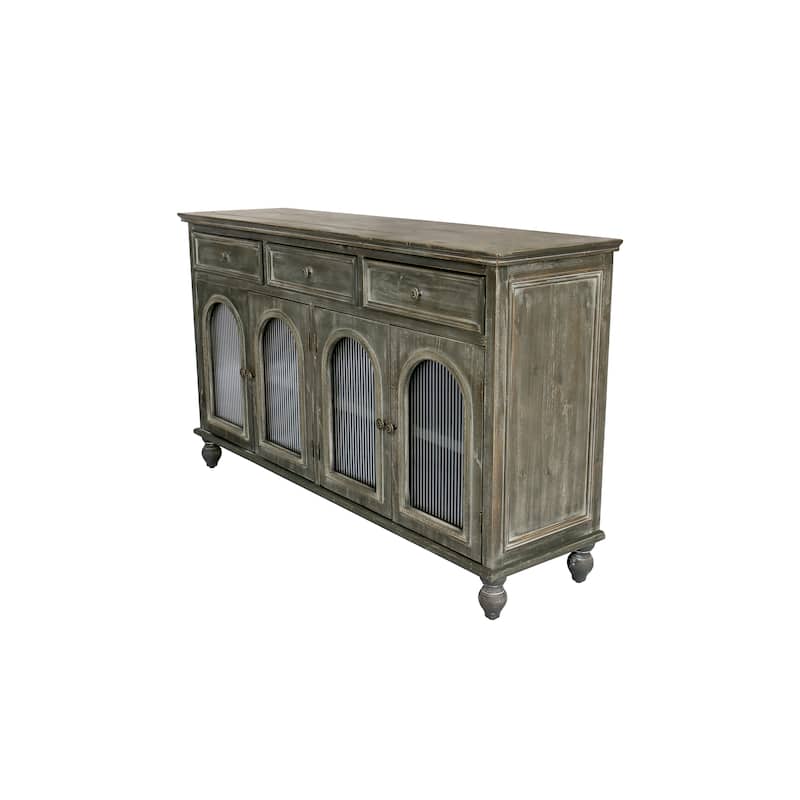 59.06"Farmhouse Sideboard Buffet Cabinet, Distressed Wood Credenza with 3 Drawers & 4 Glass Doors, Storage Cabinet with Shelves