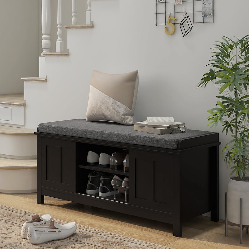 Entryway Shoe Rack Bench with Sliding Doors and Adjustable Shelving - Black