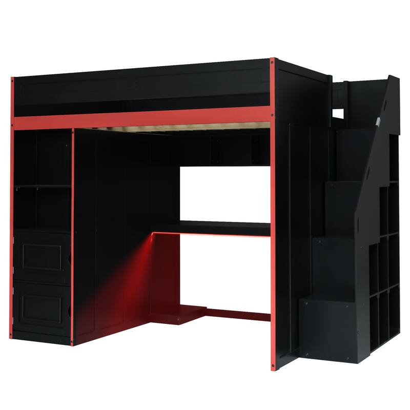 Black Gaming Loft Bed with Wardrobe, Desk, LED Lights, Cabinets and Storage Stairs