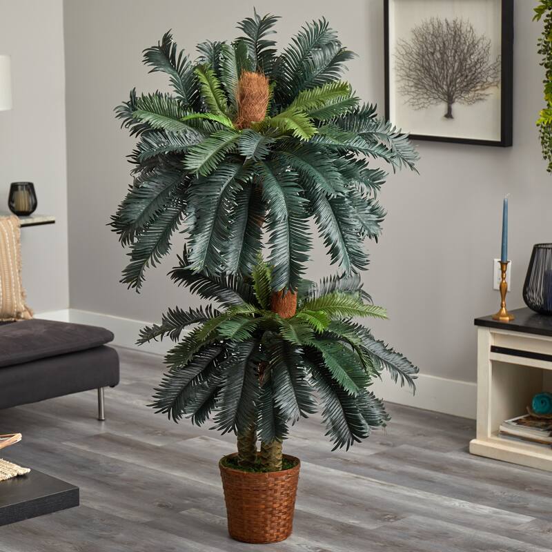 Artificial Sago Palm Tree Set - 5ft & 3ft Indoor Tropical Plants with Basket - Green - 41-50 Inches