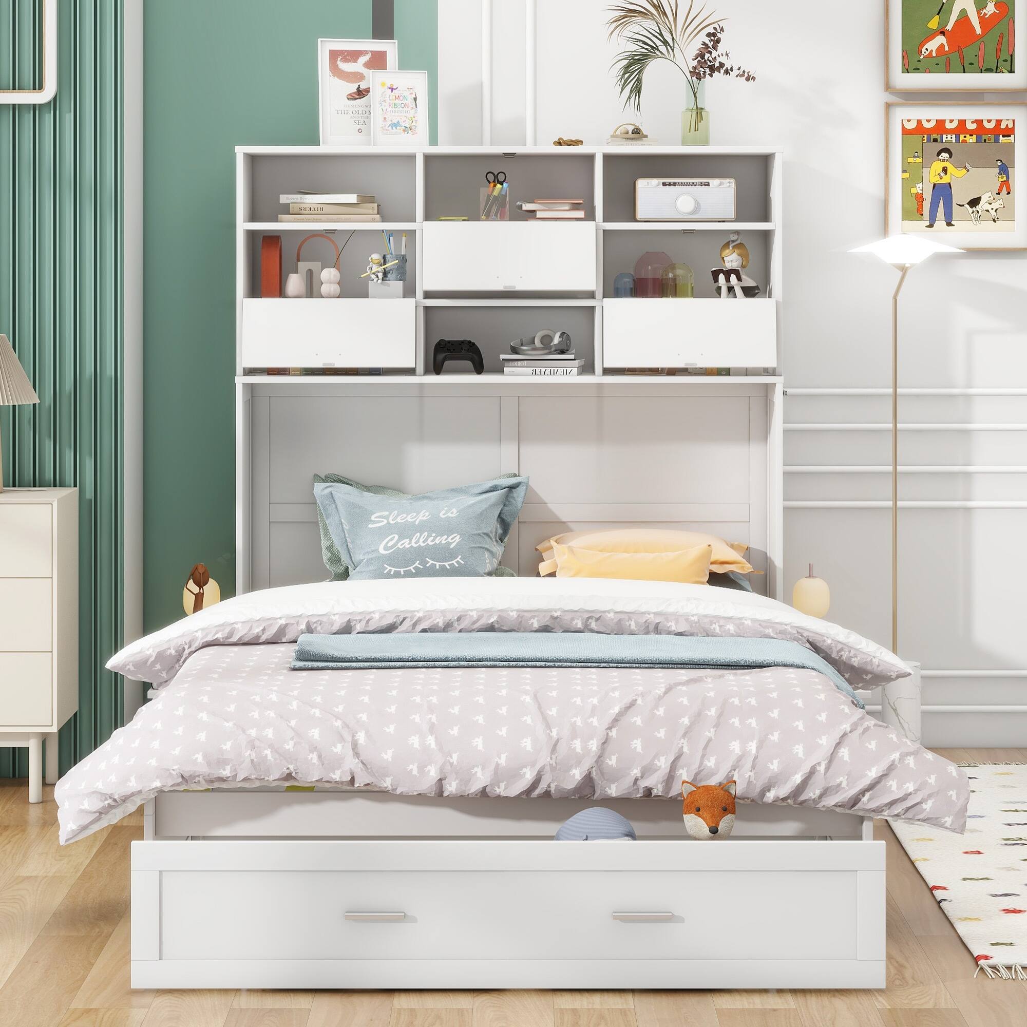Queen Size Murphy Bed with Bookcase, Bedside Shelves and A Big Drawer