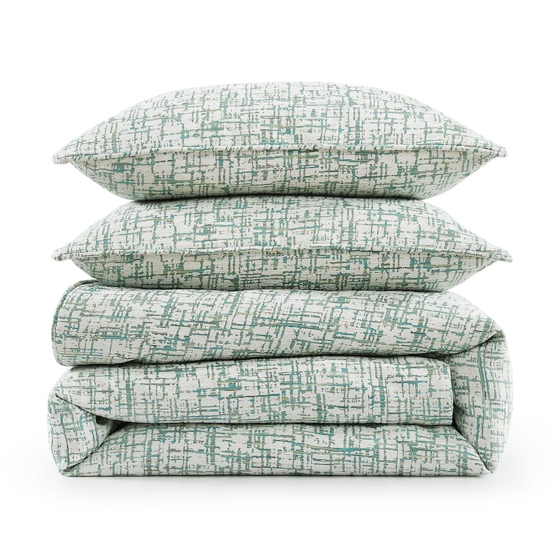 HiEnd Accents Keziah Green Textured Pattern Chenille Jacquard Modern Bedding 3 Piece Duvet Cover Set