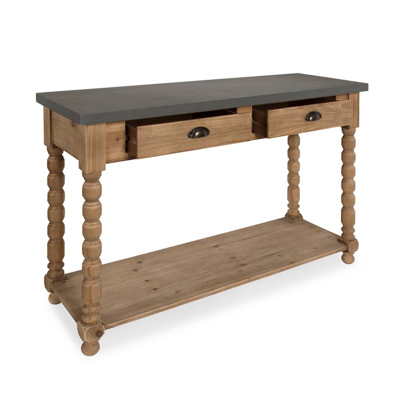 Rutledge Two Drawer Console Table, Rustic Wood and Concrete Gray Top