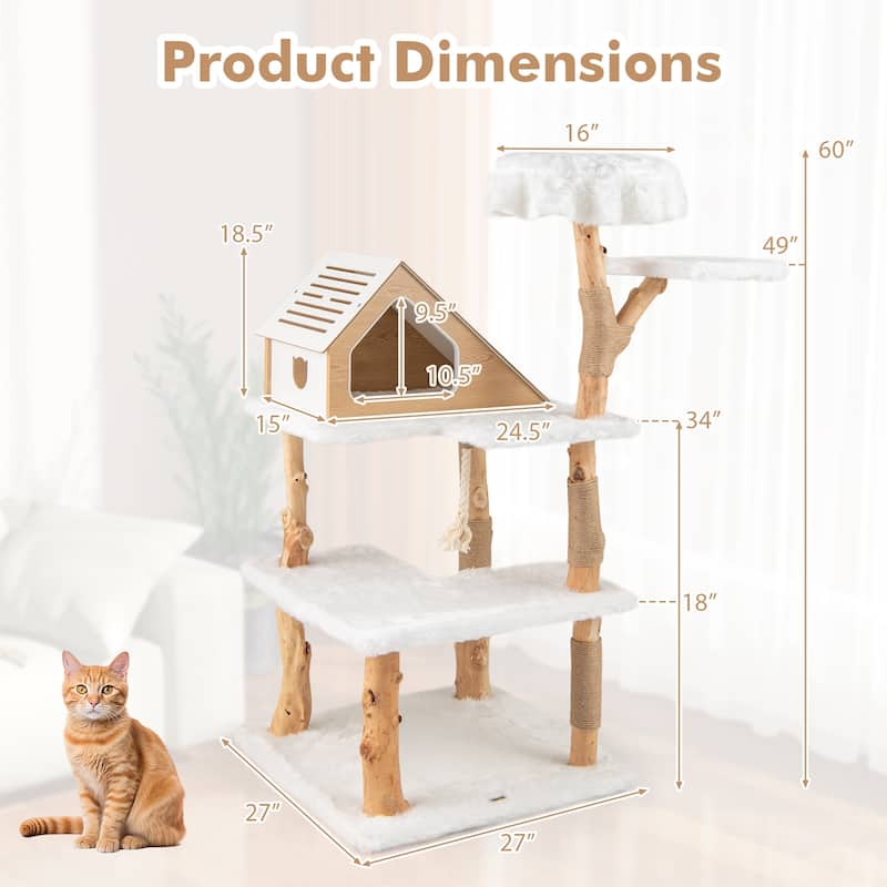 60" Tall Solid Wood Cat Tree Modern Wooden Cat Tower with 2 Perches and 2 Large Platforms - 27" x 27" x 60"