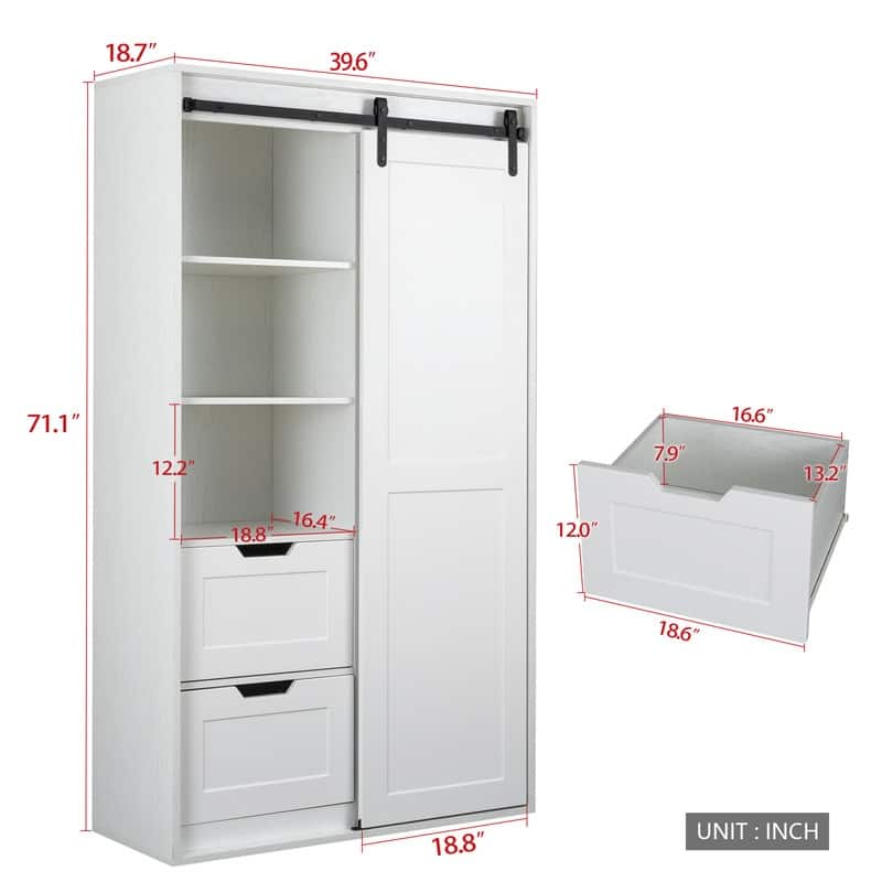 Wardrobe Closet and with Hanging Rod, Clothes Locker,Classic Sliding Barn Door Armoire